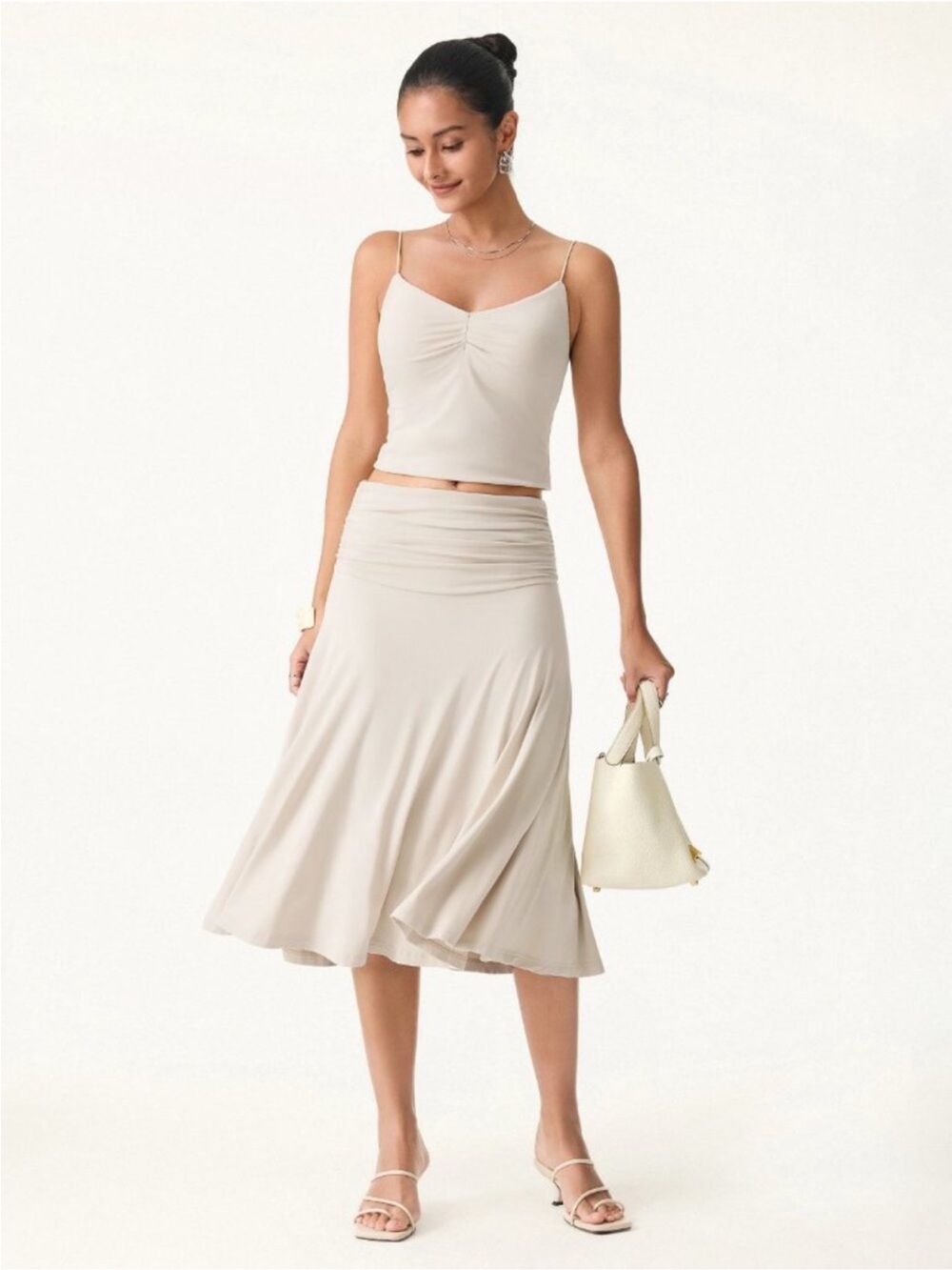 OGL Eco-SkinKiss® Flowy Side Ruched A-line Midi Skirt Fog XS